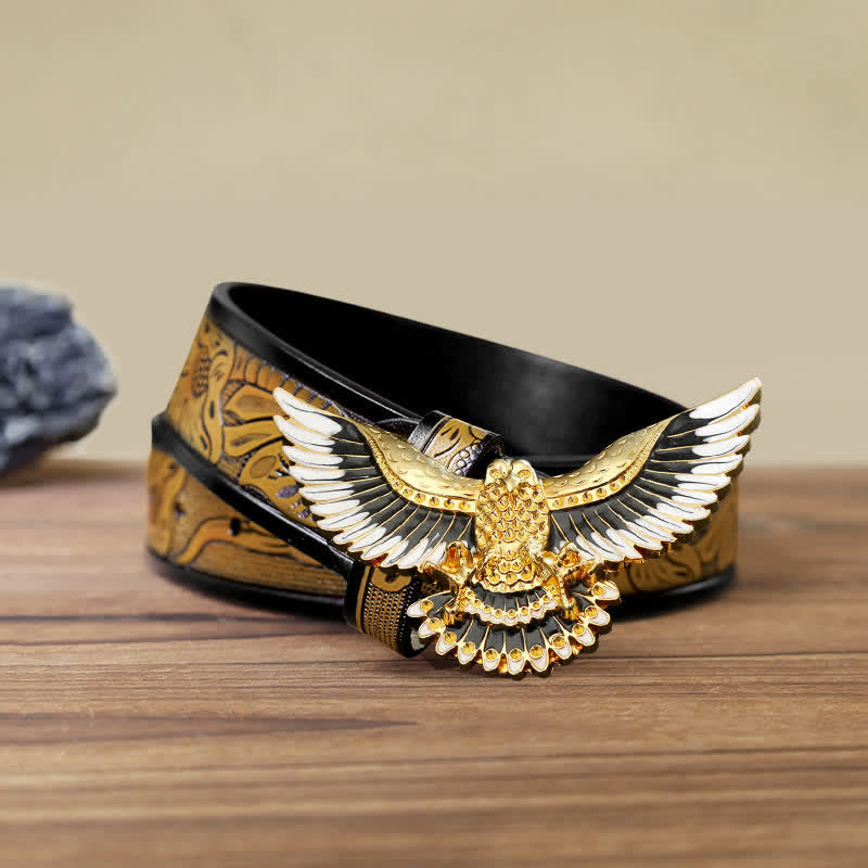 Ceinture en cuir à boucle pour homme avec ailes déployées et motif aigle royal
