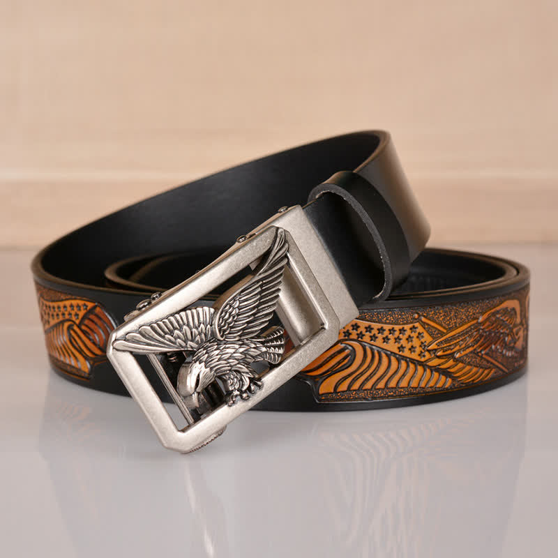 Ceinture en cuir gaufré à boucle aigle creuse pour homme