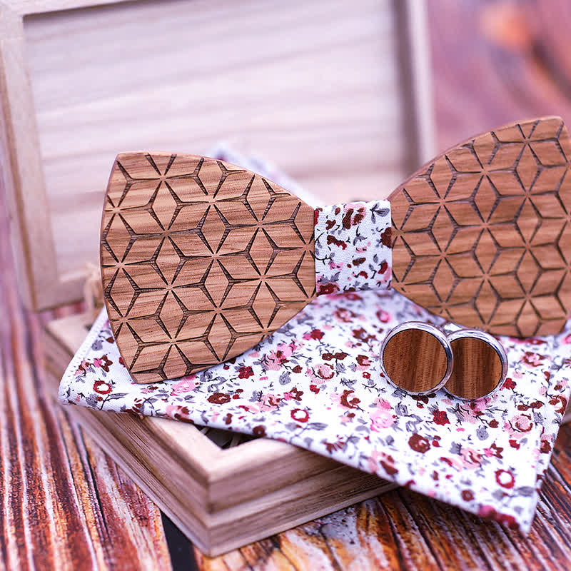 Lot de 4 nœuds papillon en bois sculpté géométrique pour homme