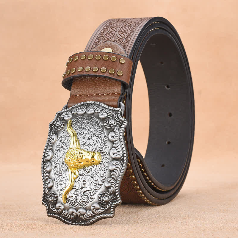 Ceinture en cuir de taureau à longues cornes dorées et rivets punk pour homme