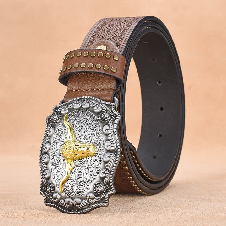 Ceinture en cuir de taureau à longues cornes dorées et rivets punk pour homme
