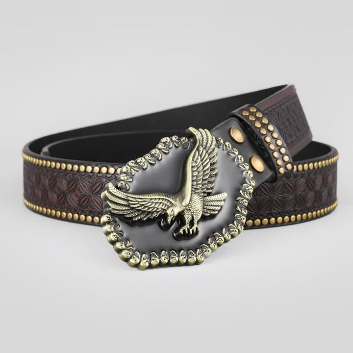 Ceinture en cuir cloutée style western pour homme avec motif aigle en plein vol