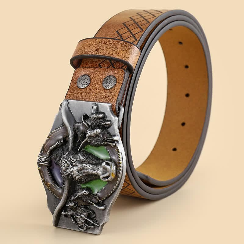 Ceinture en cuir de taureau sculpté à longues cornes pour homme