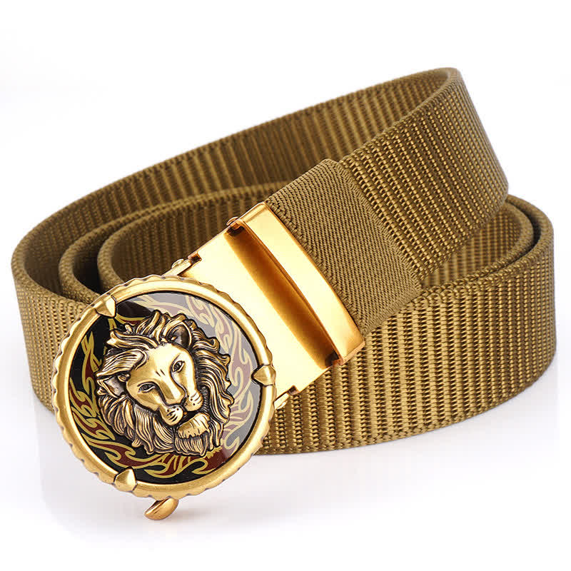 Ceinture pratique en nylon à motif tête de lion pour homme - Kaki / Or - 48" - image 0