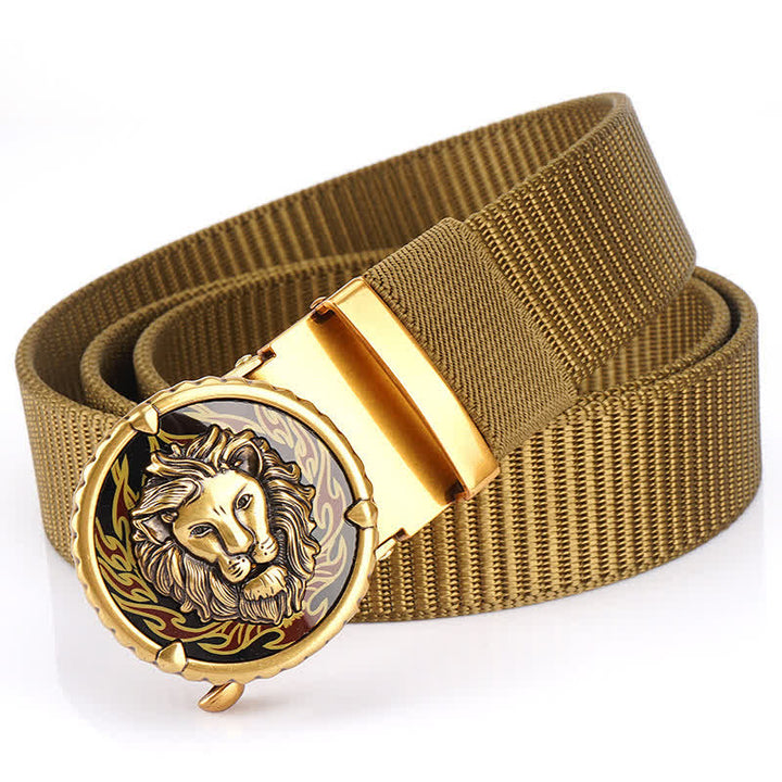 Ceinture pratique en nylon à motif tête de lion pour homme - Kaki / Or - 48" - image 0