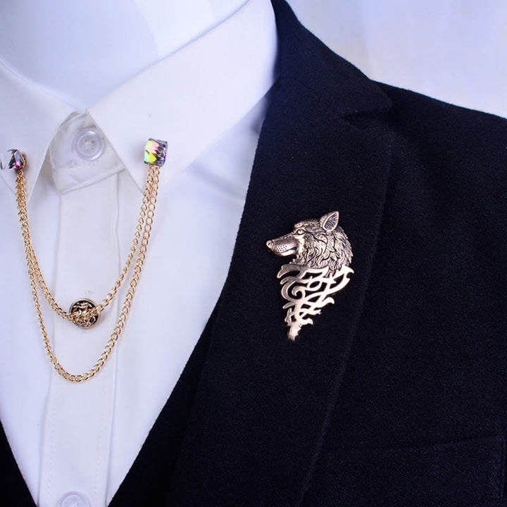 Broche glamour en forme de tête de loup creuse pour homme