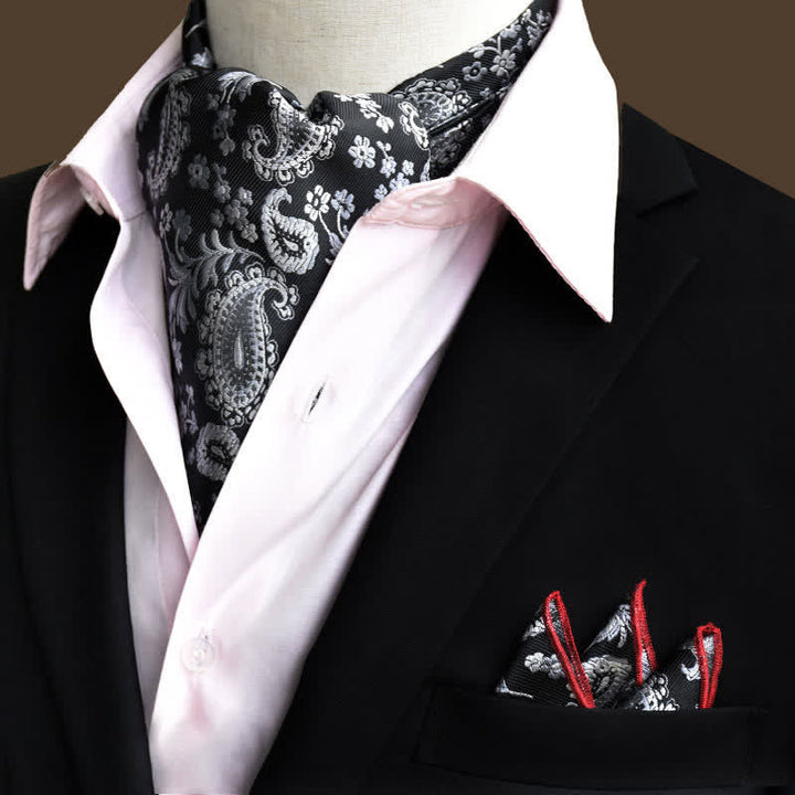 Ensemble de 2 mouchoirs de poche et cravates à motif cachemire floral noir et blanc de luxe