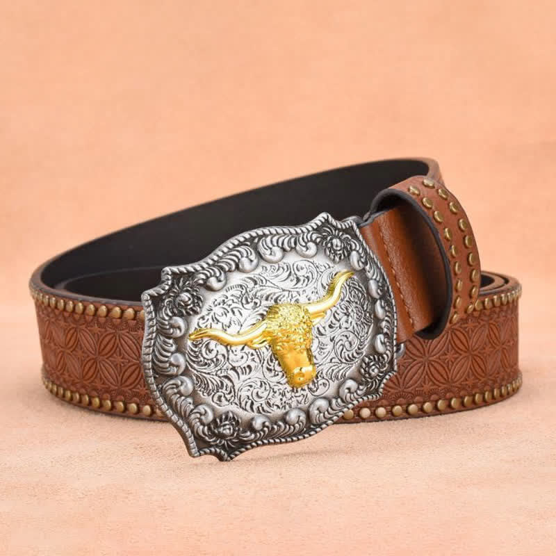 Ceinture en cuir de taureau à longues cornes dorées et rivets punk pour homme