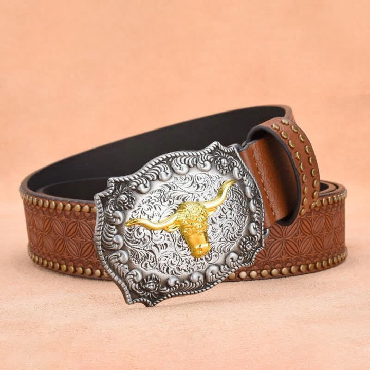 Ceinture en cuir de taureau à longues cornes dorées et rivets punk pour homme