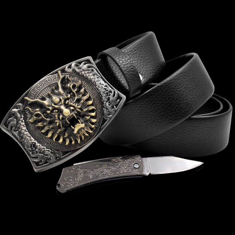 Ceinture en cuir pour homme avec dragon courageux et couteau pliant