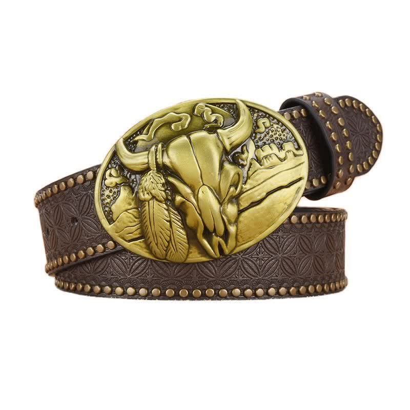 Ceinture en cuir avec boucle et rivets pour homme avec tête de taureau