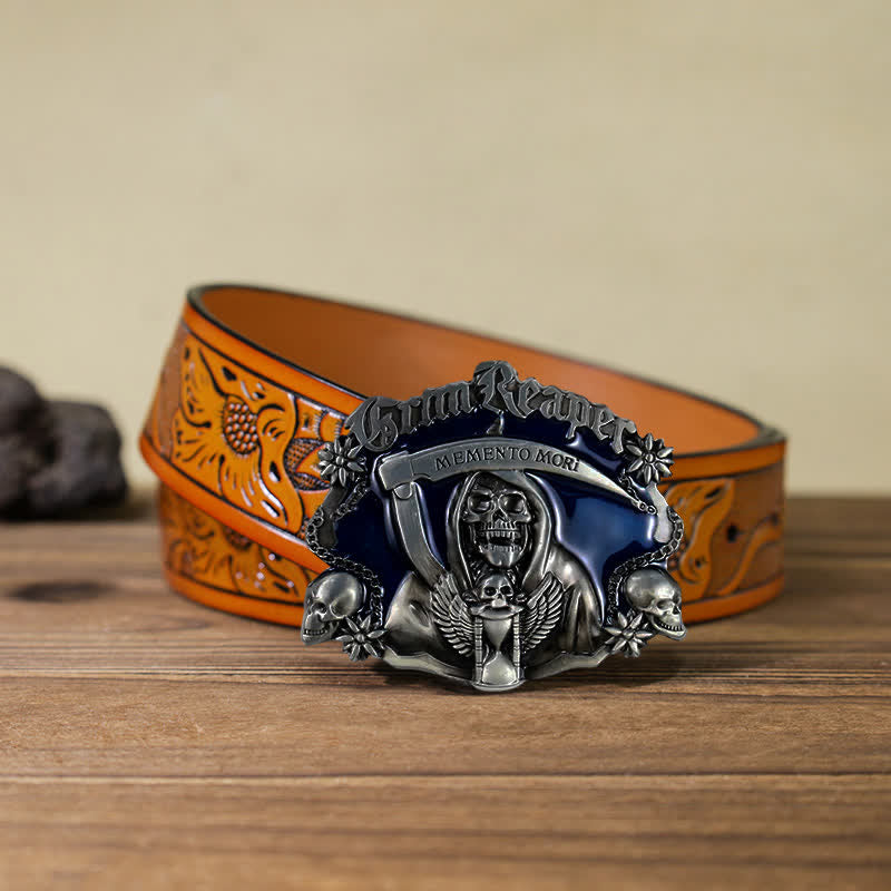 Ceinture en cuir à boucle tête de mort et faucille pour homme