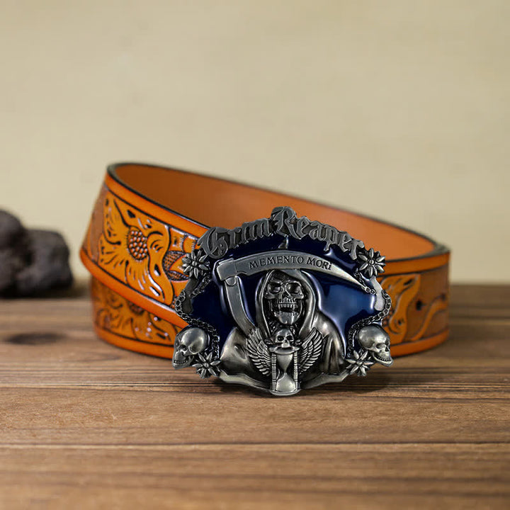 Ceinture en cuir à boucle tête de mort et faucille pour homme