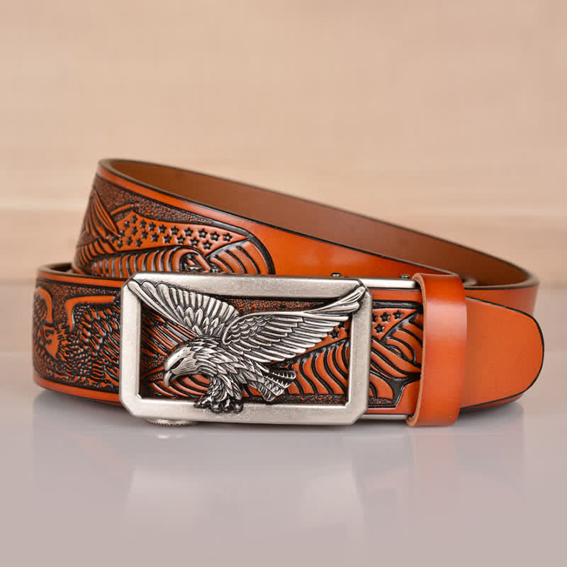 Ceinture en cuir gaufré à boucle aigle creuse pour homme