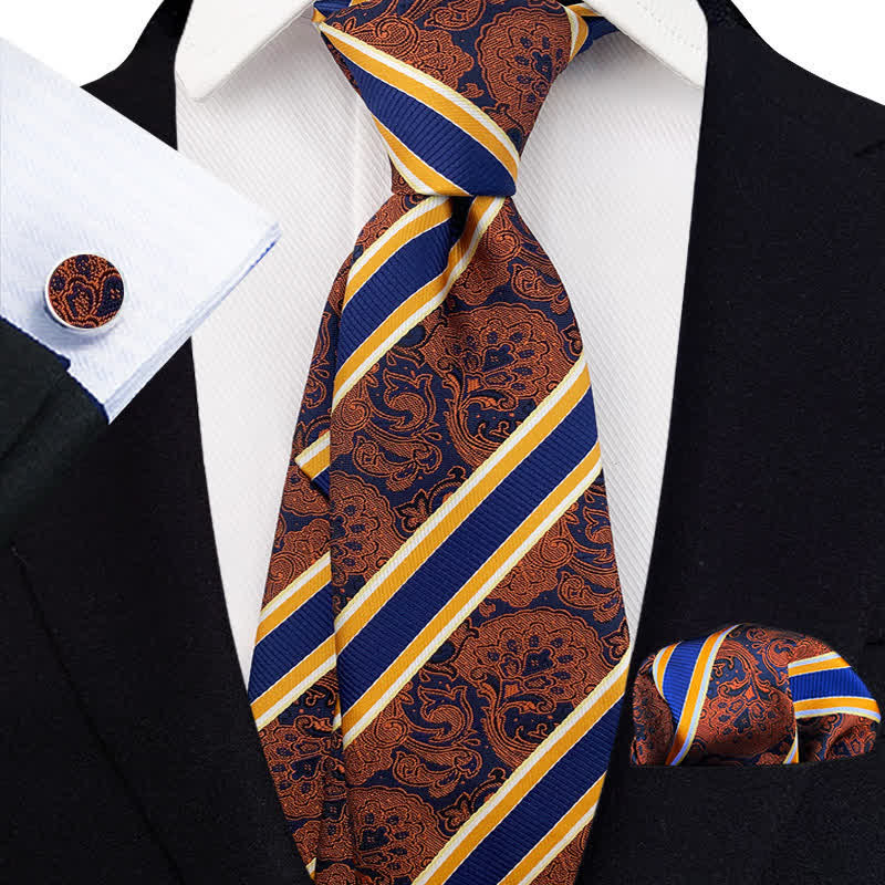Ensemble de 3 cravates à rayures cachemire orange foncé et bleu marine pour homme