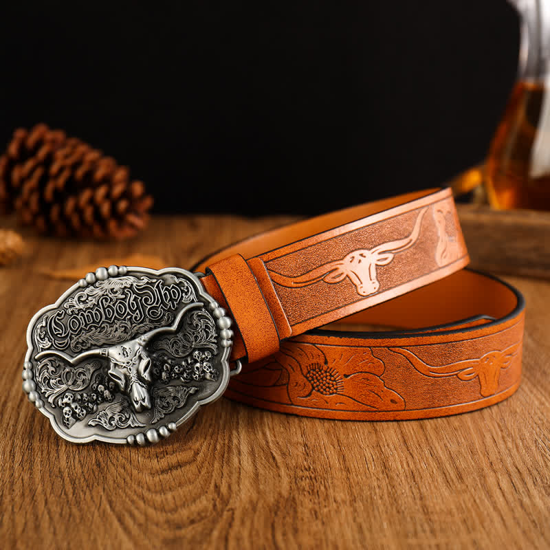 Ceinture en cuir de taureau avec tête de mort et motif de cowboy gothique pour homme