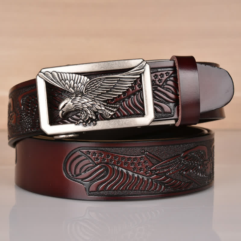 Ceinture en cuir gaufré à boucle aigle creuse pour homme