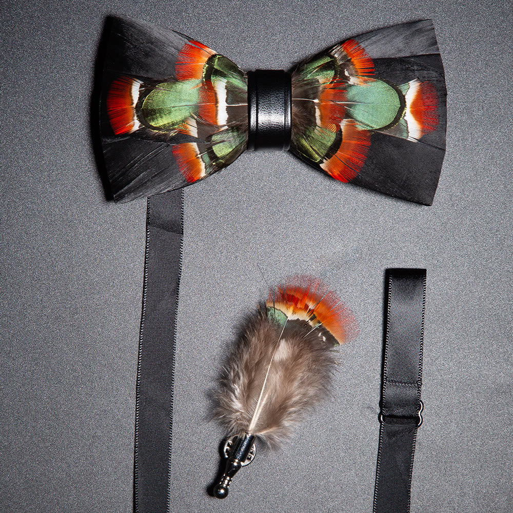 Nœud papillon en plumes de canard colvert noir et vert avec épingle à revers