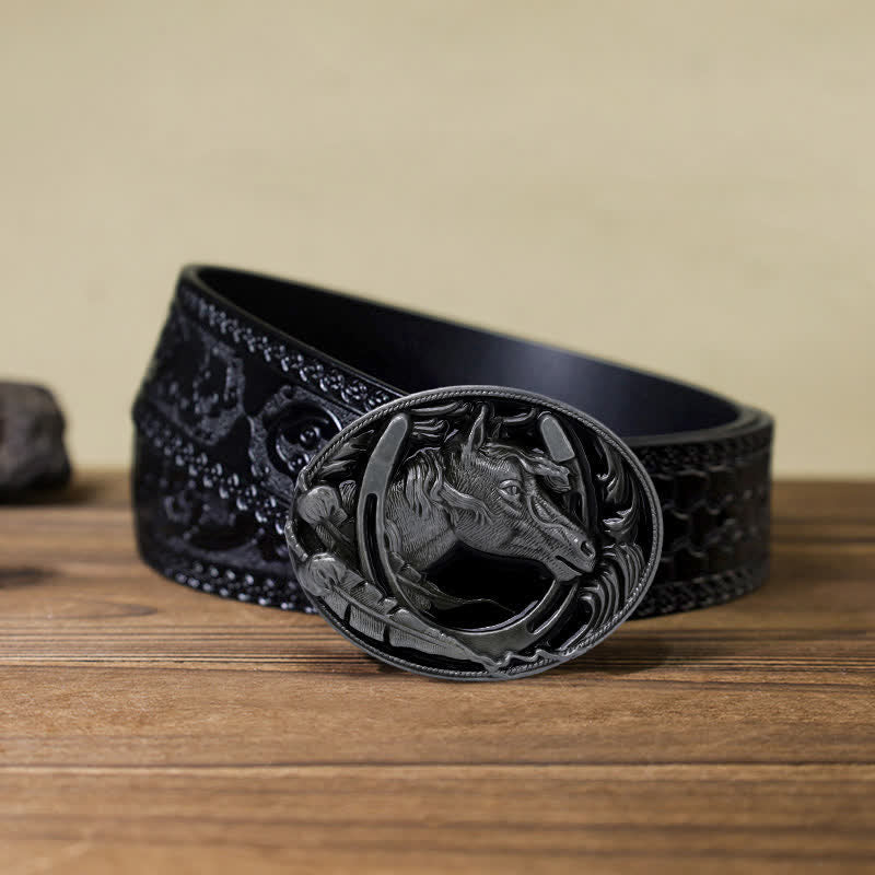 Ceinture en cuir avec boucle en émail noir pour homme en forme de fer à cheval