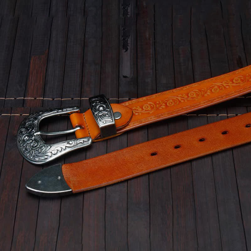 Ceinture unisexe en cuir à imprimé floral et texture rustique