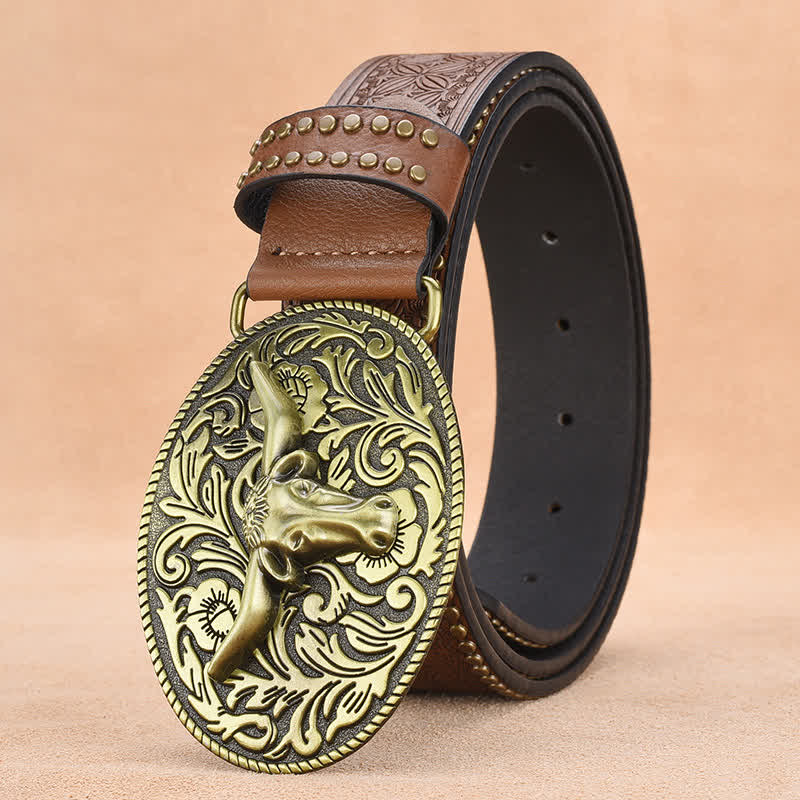 Ceinture en cuir gaufré à rivets tête de taureau pour homme