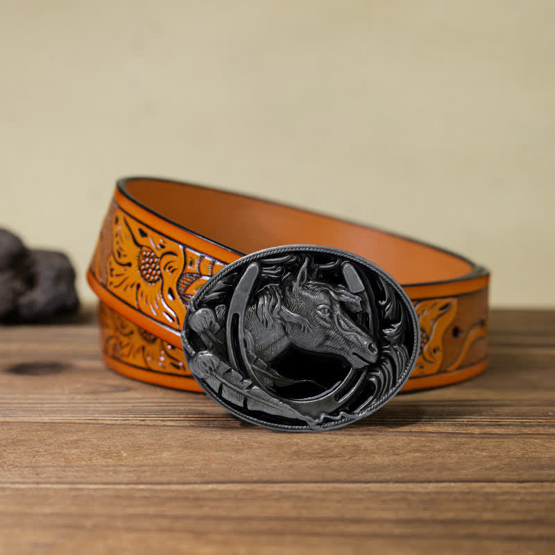 Ceinture en cuir avec boucle en émail noir pour homme en forme de fer à cheval