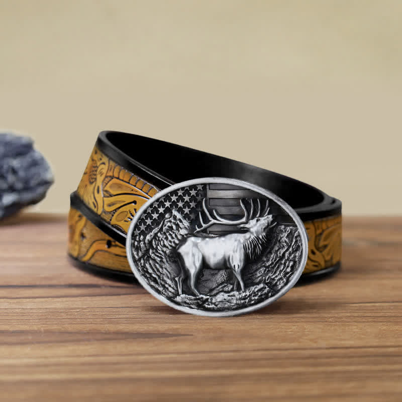 Ceinture en cuir à boucle pour homme avec drapeau américain et élan