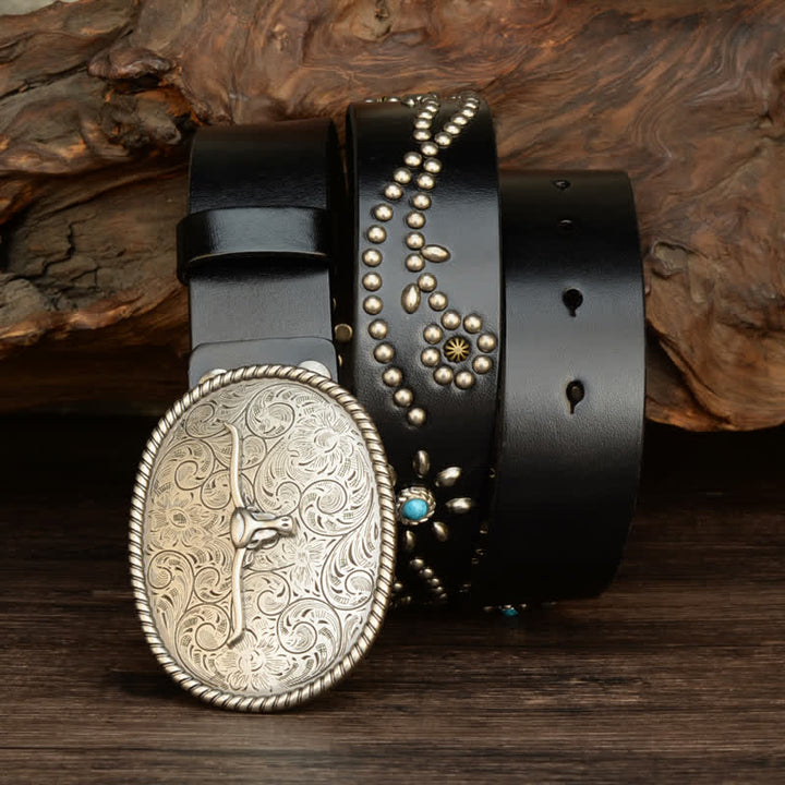 Ceinture en cuir véritable turquoise à rivets punk pour homme avec taureau à longues cornes