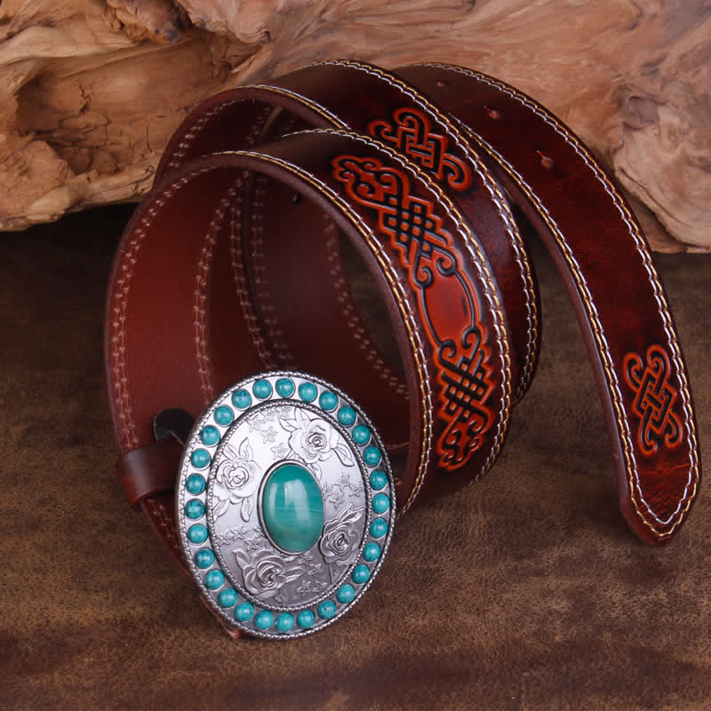 Ceinture unisexe en cuir sculpté avec agate de jade turquoise rose