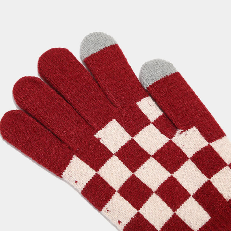 Ensemble de 3 pièces unisexe à carreaux en damier avec bonnet, écharpe et gants