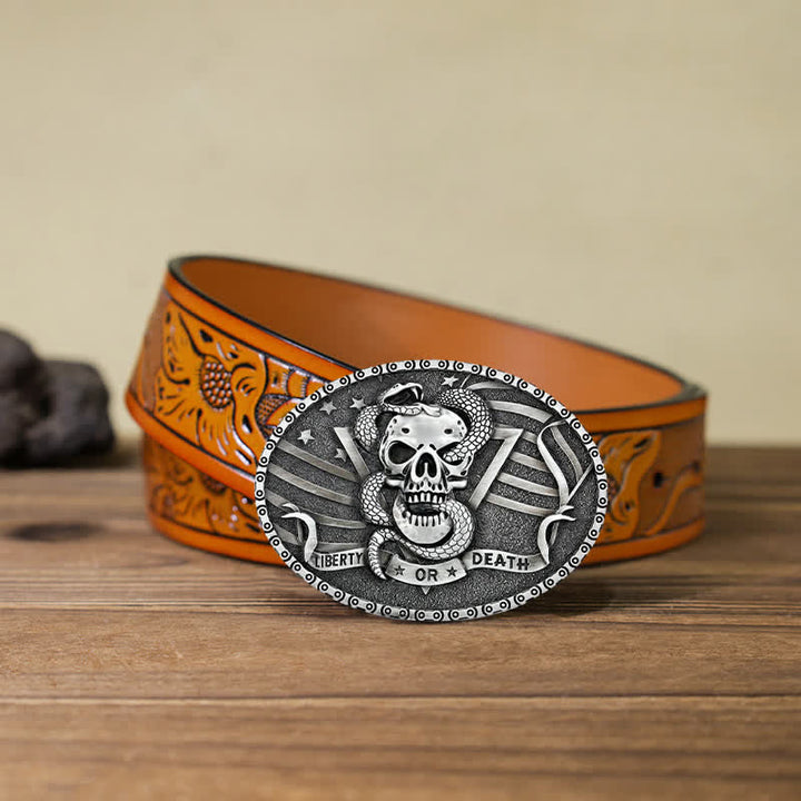 Ceinture en cuir à boucle tête de mort et serpent « Liberty or Death » pour homme