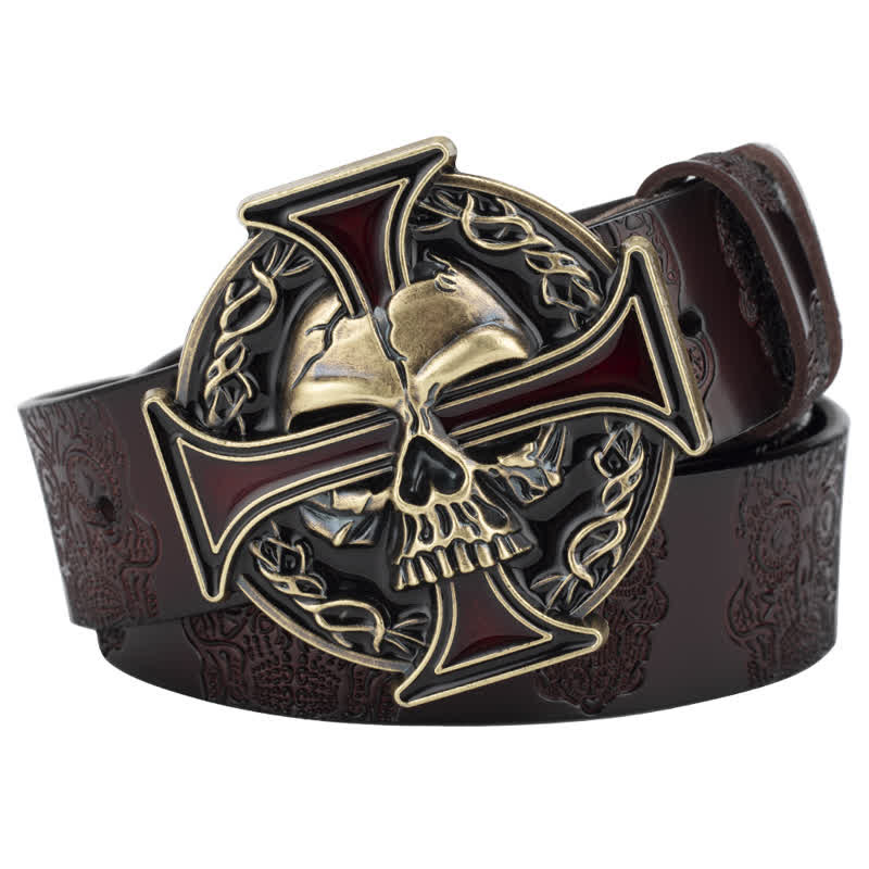 Ceinture en cuir à motif tête de mort en relief pour homme