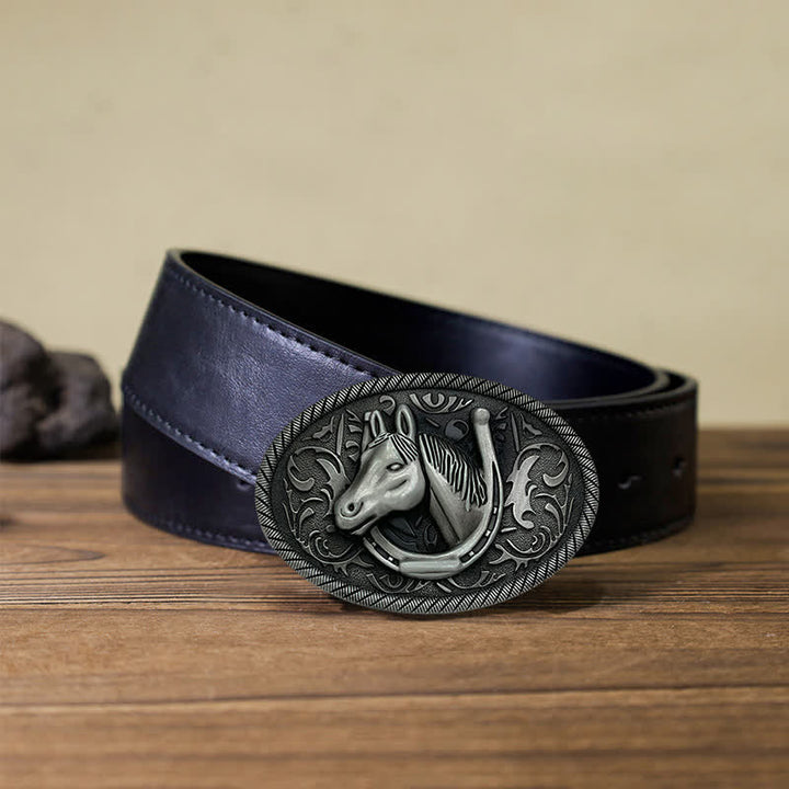 Ceinture en cuir à boucle en fer à cheval argentée antique pour homme