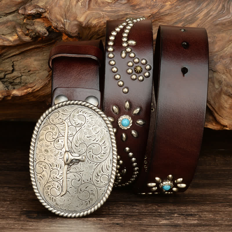 Ceinture en cuir véritable turquoise à rivets punk pour homme avec taureau à longues cornes