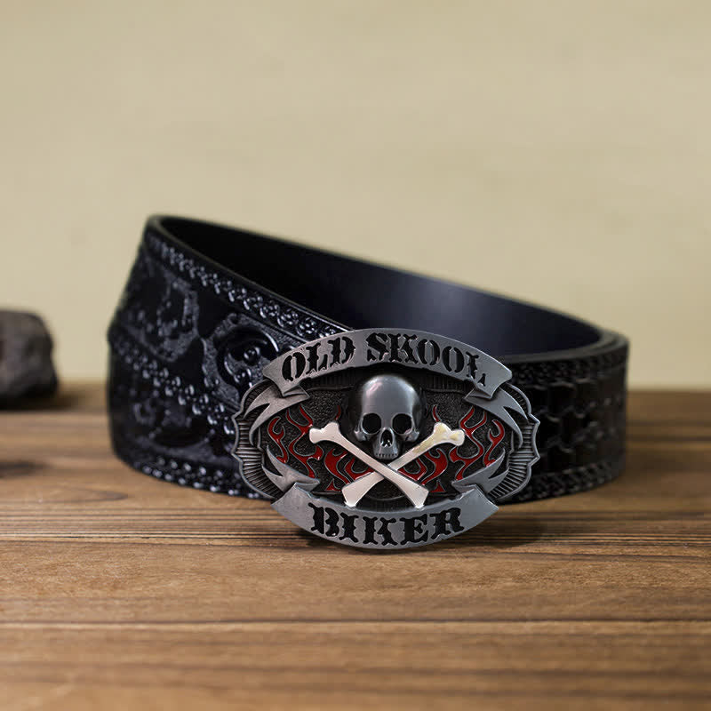 Ceinture en cuir à boucle croisée pour homme avec tête de mort et os
