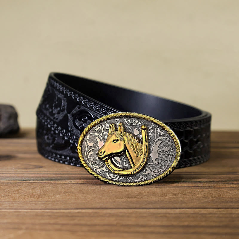 Ceinture en cuir à boucle en forme de fer à cheval doré pour homme