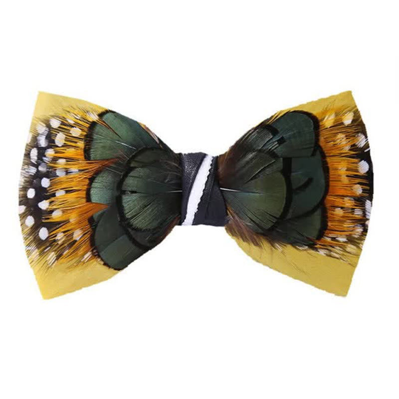 Nœud papillon exotique en plumes de canari jaune et vert avec épingle à revers - Jaune et Vert - image 0