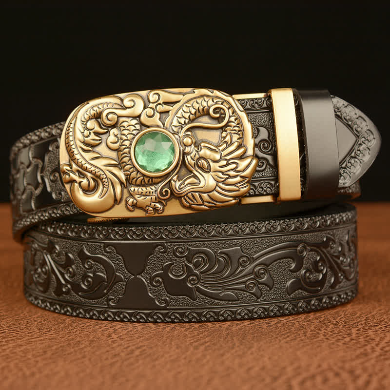 Ceinture en cuir pour homme avec pierre précieuse gravée en forme de dragon