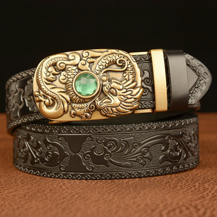 Ceinture en cuir pour homme avec pierre précieuse gravée en forme de dragon