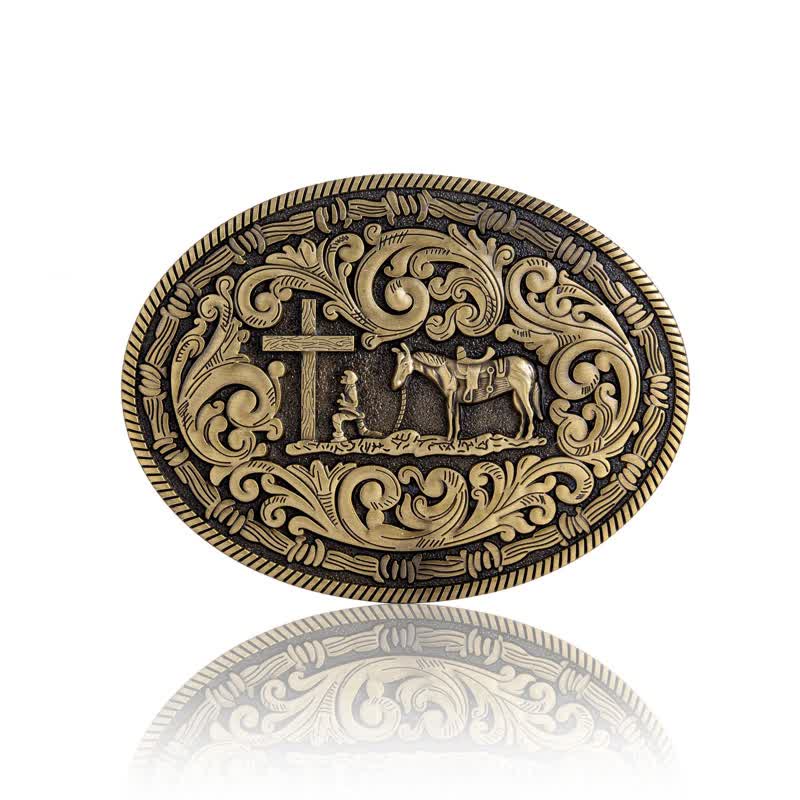 Ceinture en cuir à boucle ovale pour homme avec motif cowboy priant