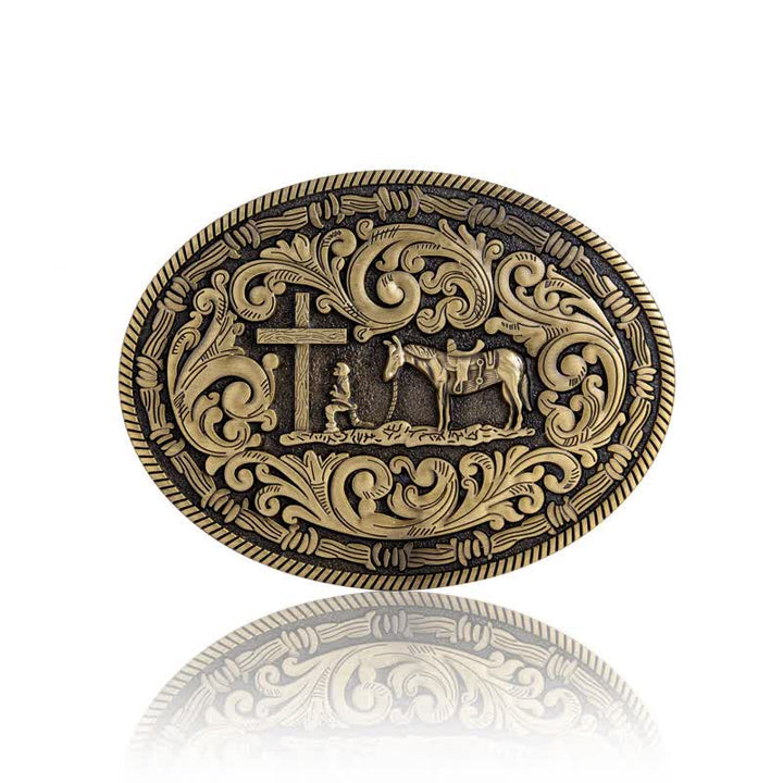 Ceinture en cuir à boucle ovale pour homme avec motif cowboy priant