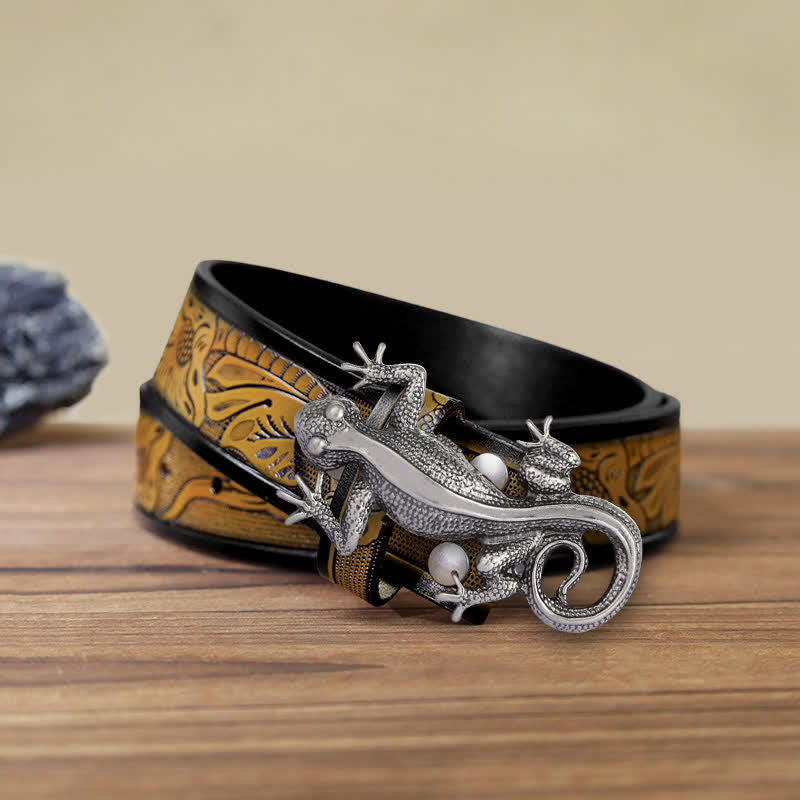 Ceinture en cuir à boucle unique en forme de lézard argenté pour homme