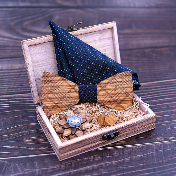 Lot de 4 nœuds papillon en bois à carreaux classiques pour hommes
