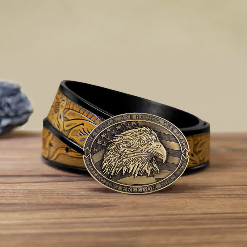 Ceinture en cuir à boucle patriotique pour homme avec drapeau américain et aigle à tête blanche
