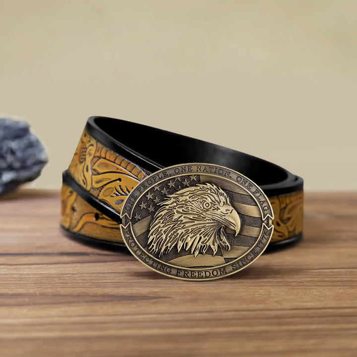 Ceinture en cuir à boucle patriotique pour homme avec drapeau américain et aigle à tête blanche