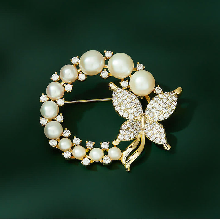 Broche couronne de perles papillon doré pour femme