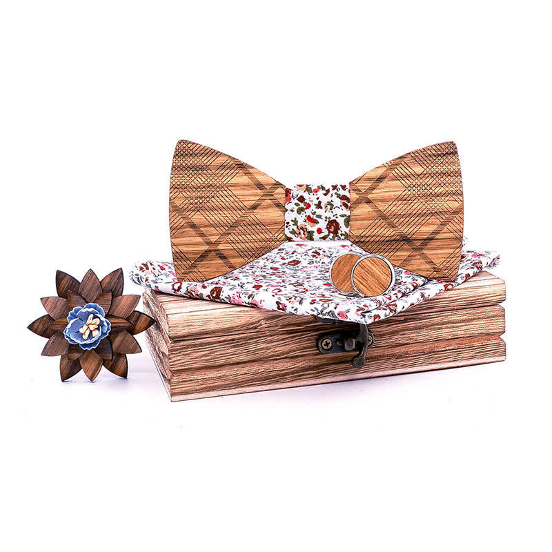 Lot de 4 nœuds papillon en bois à carreaux classiques pour hommes