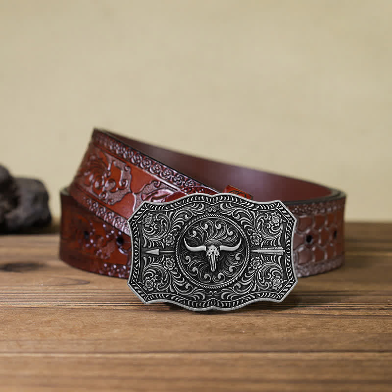 Ceinture en cuir à boucle en forme de flèche de taureau à longue corne pour homme