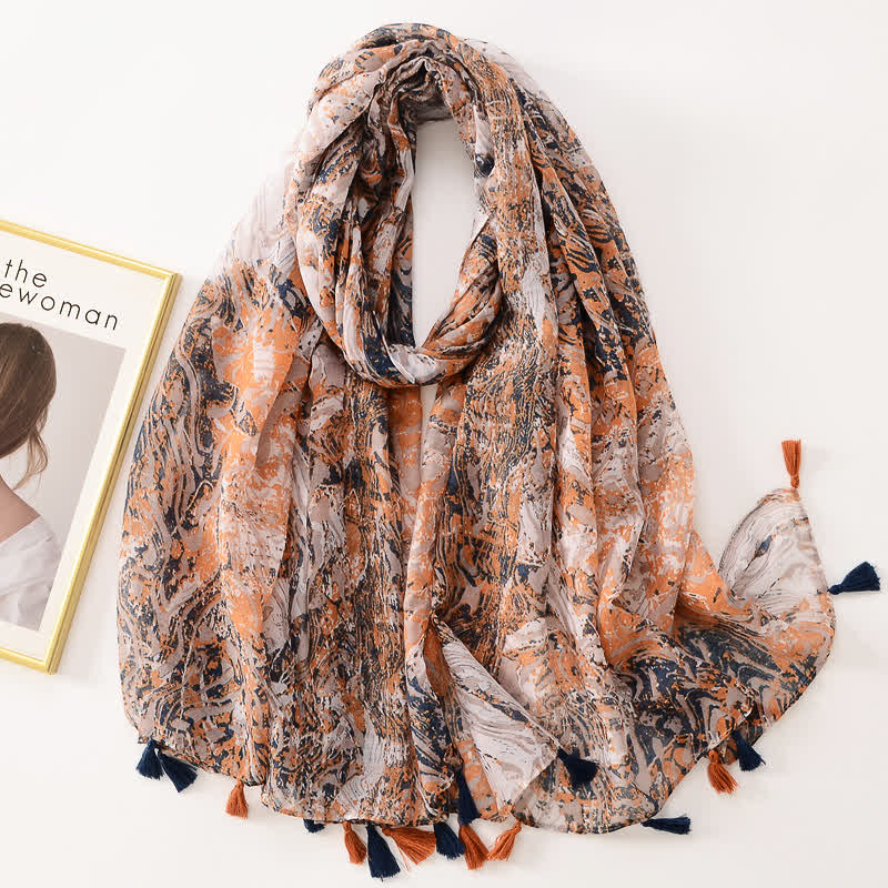 Écharpe fine à pompon et motif papillons floraux pour femme