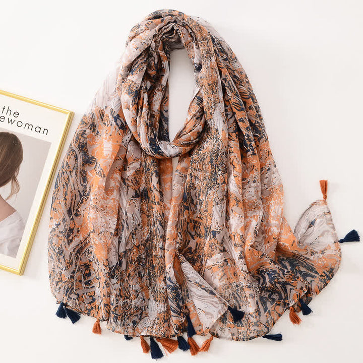 Écharpe fine à pompon et motif papillons floraux pour femme
